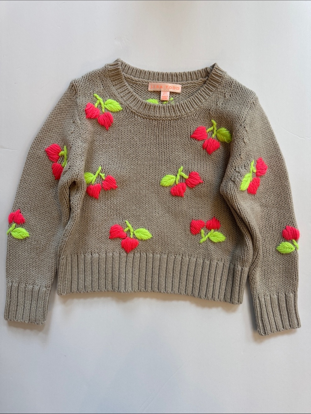 Lisa Todd Taupe Crewneck Sweater with Neon Pink & Lime Embroidery